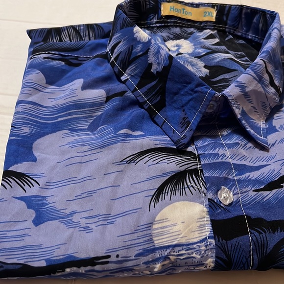 Vintage Han Ton blue palm trees aloha Hawaiian button camp shirt flowers XXL/2XL - Picture 2 of 13